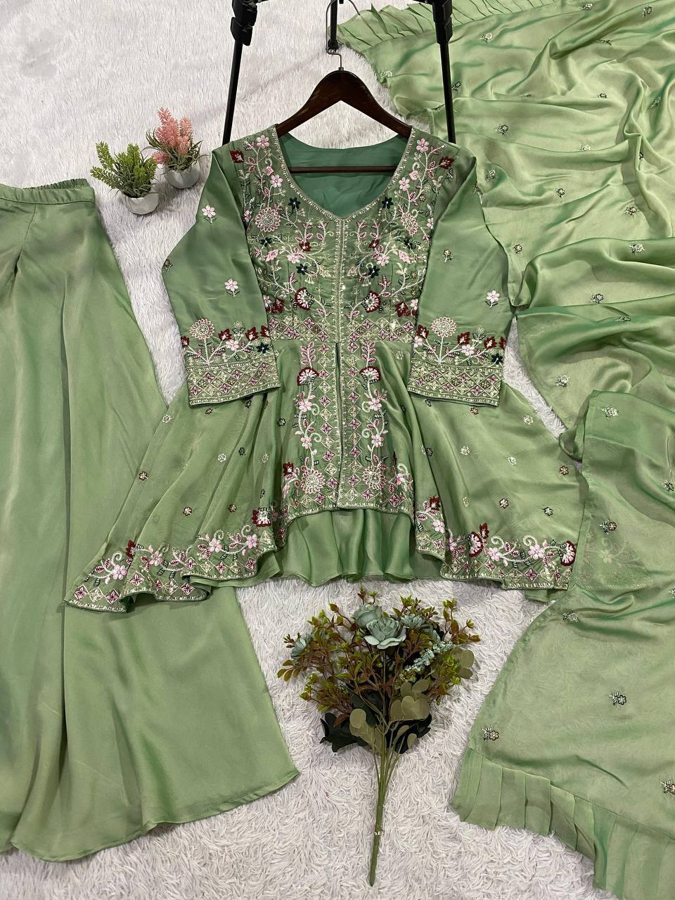 Pistachio Green Floral Designer Rangoli Silk Palazzo Suit Set