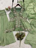 Pistachio Green Floral Designer Rangoli Silk Palazzo Suit Set
