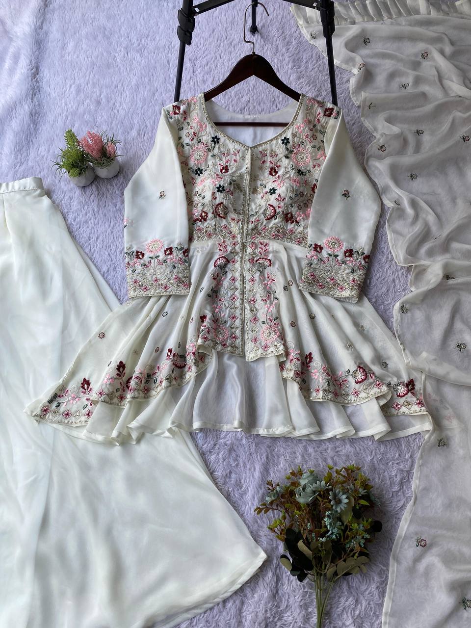 Ivory Floral Designer Rangoli Silk Suit Set