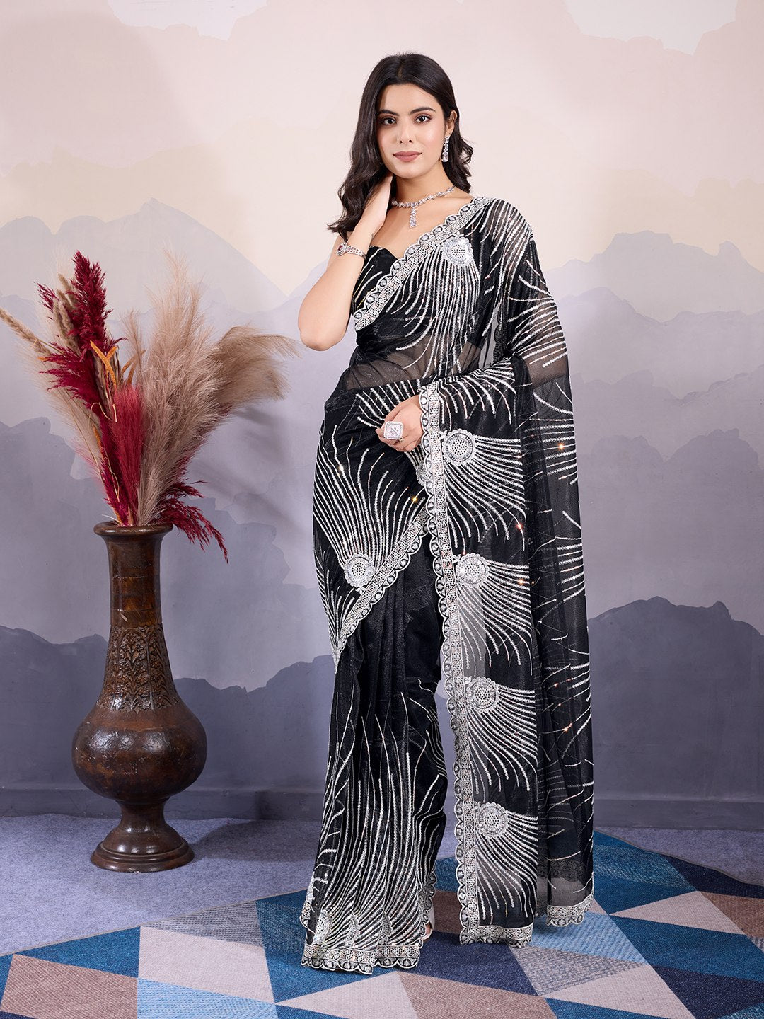 Modern Black Color Twill Net Saree