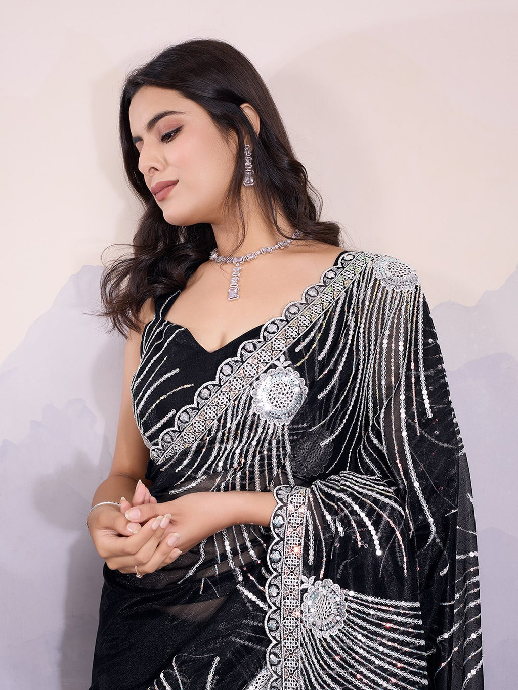 Modern Black Color Twill Net Saree