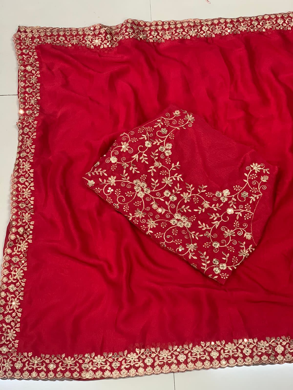 Rangoli Silk Red Color Embroidery Work Saree