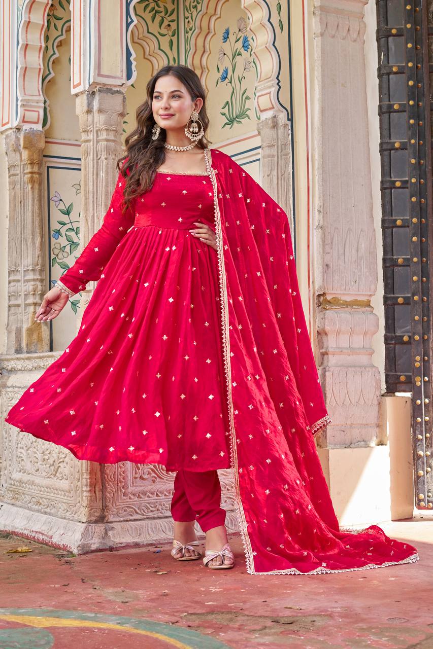Viral Fit Red Color Fendi Silk Embroidery with Sequnce Work Anarkali Suit