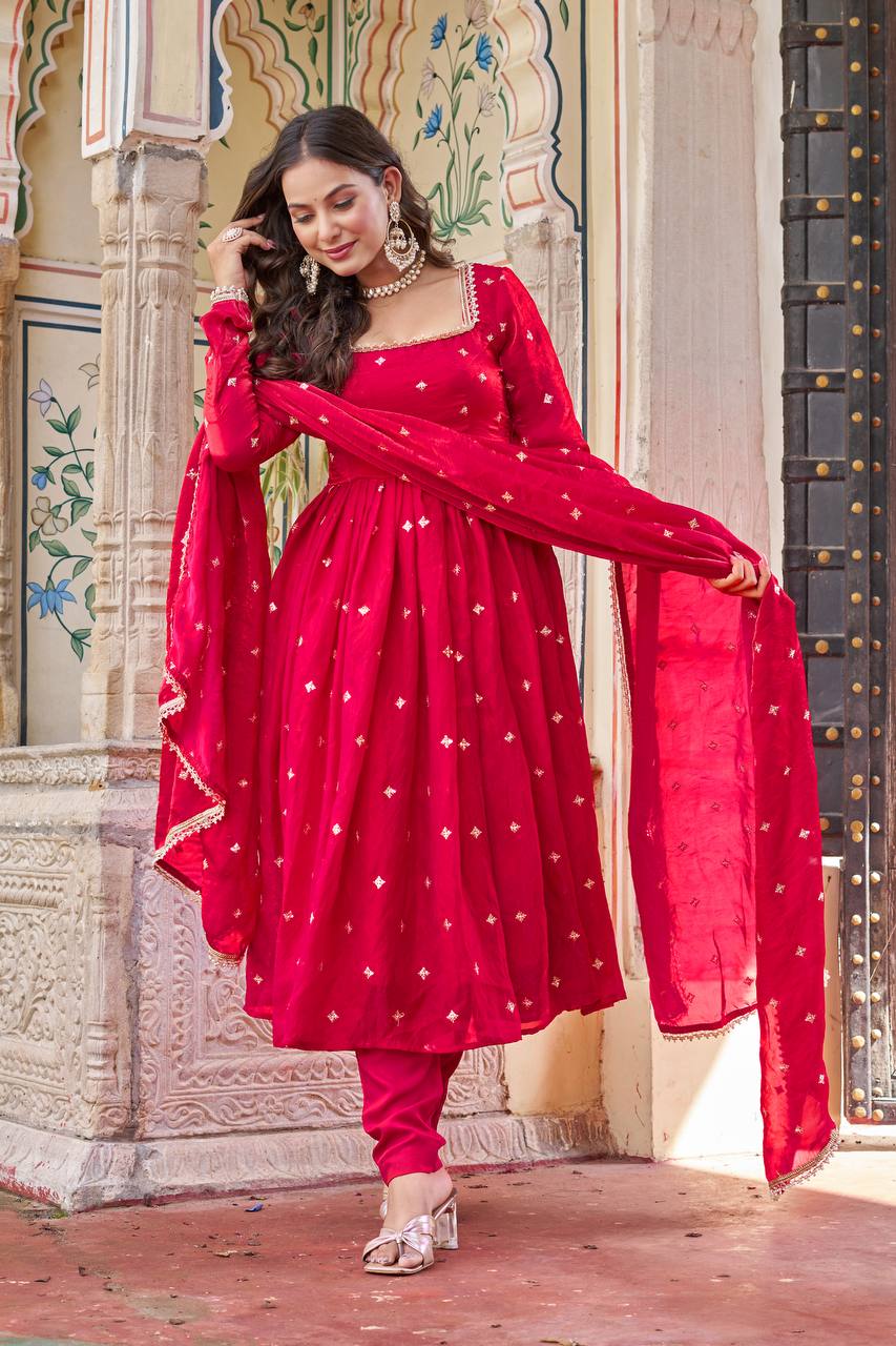 Viral Fit Red Color Fendi Silk Embroidery with Sequnce Work Anarkali Suit