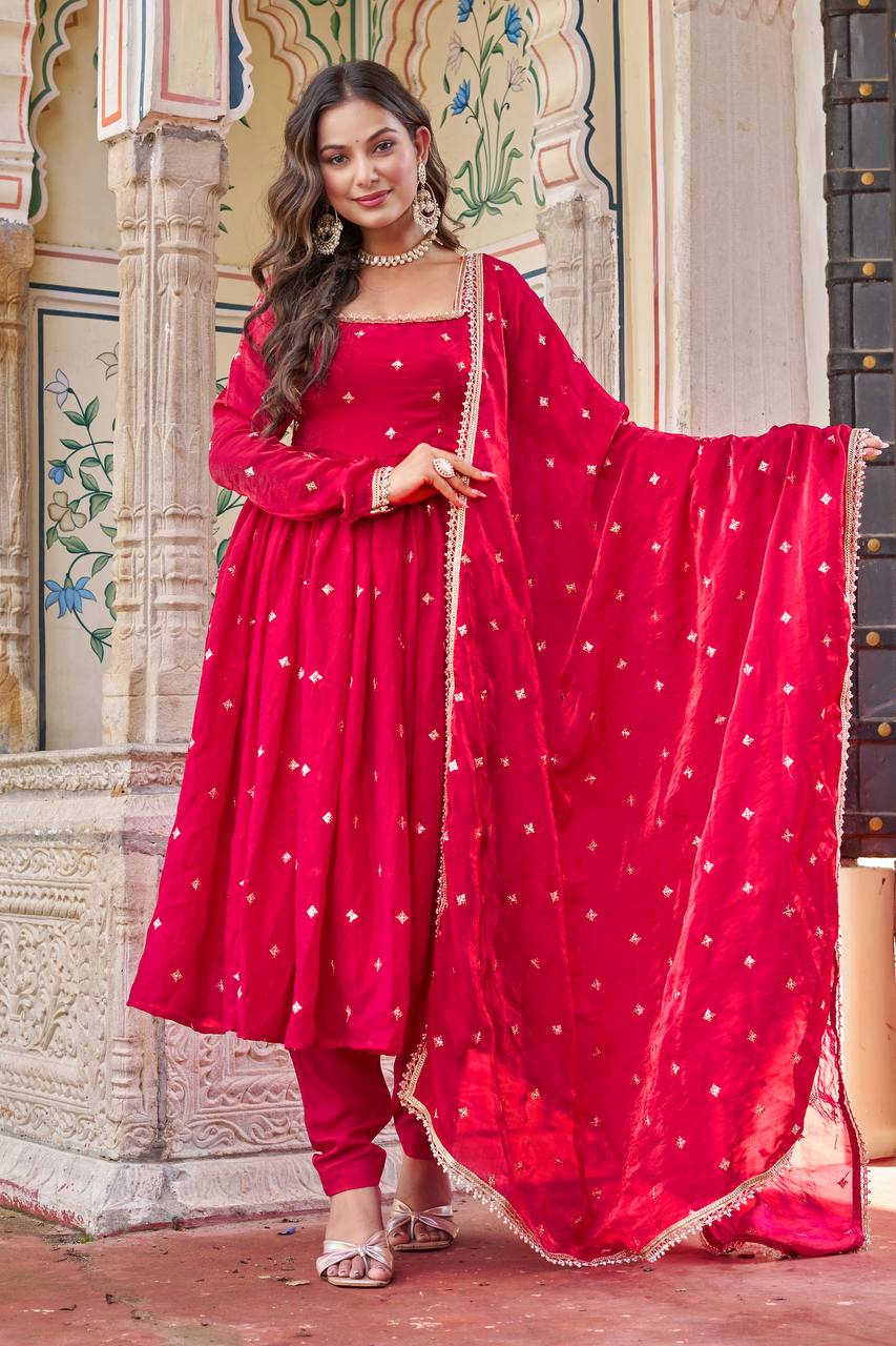 Viral Fit Red Color Fendi Silk Embroidery with Sequnce Work Anarkali Suit