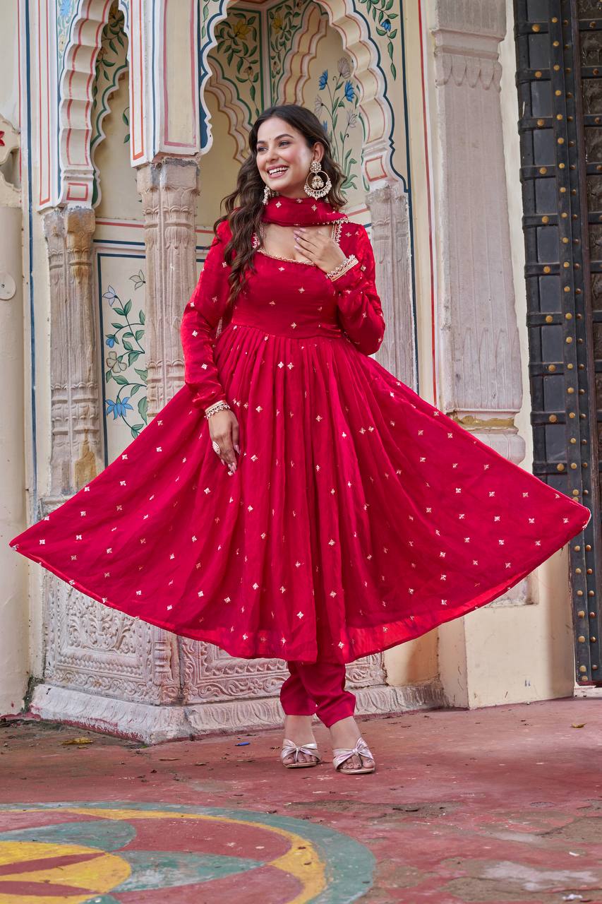 Viral Fit Red Color Fendi Silk Embroidery with Sequnce Work Anarkali Suit