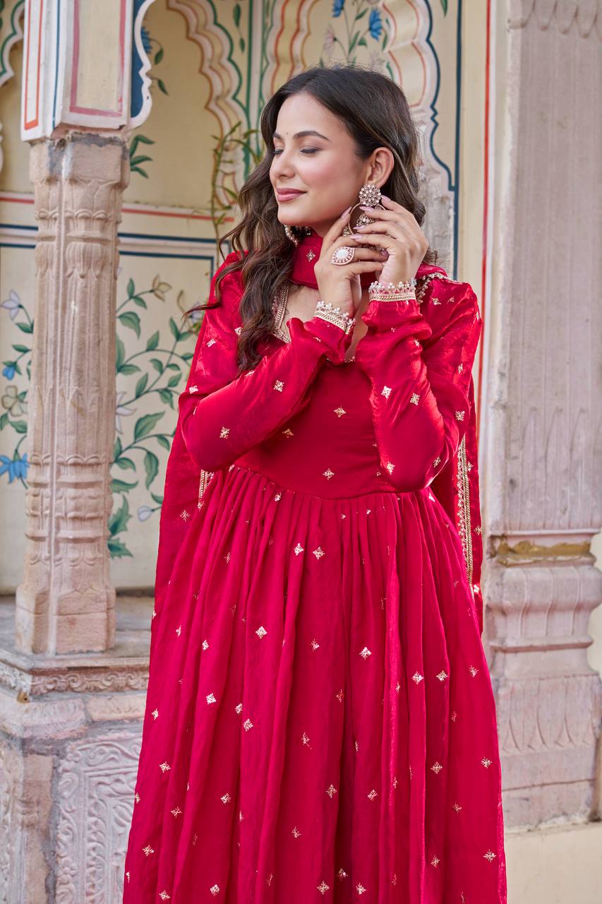 Viral Fit Red Color Fendi Silk Embroidery with Sequnce Work Anarkali Suit