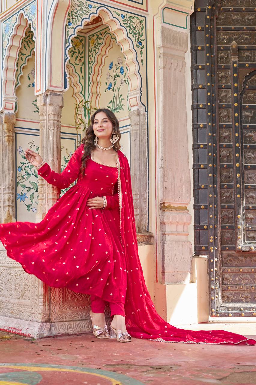 Viral Fit Red Color Fendi Silk Embroidery with Sequnce Work Anarkali Suit