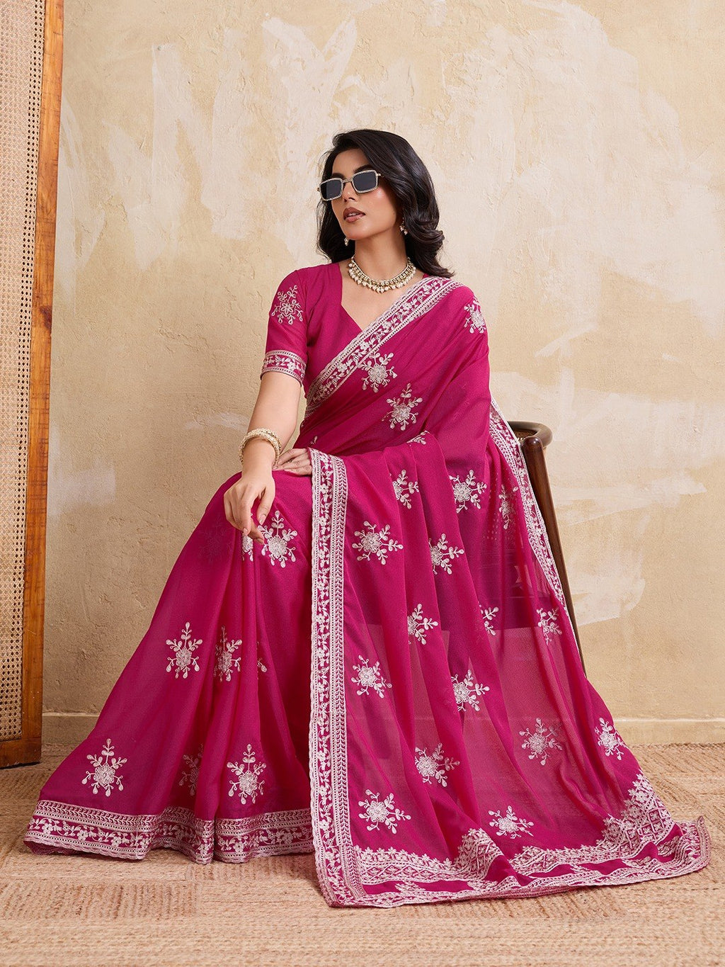 Glam Pallu Rani Color Star Gerogette Embroidery Work Saree