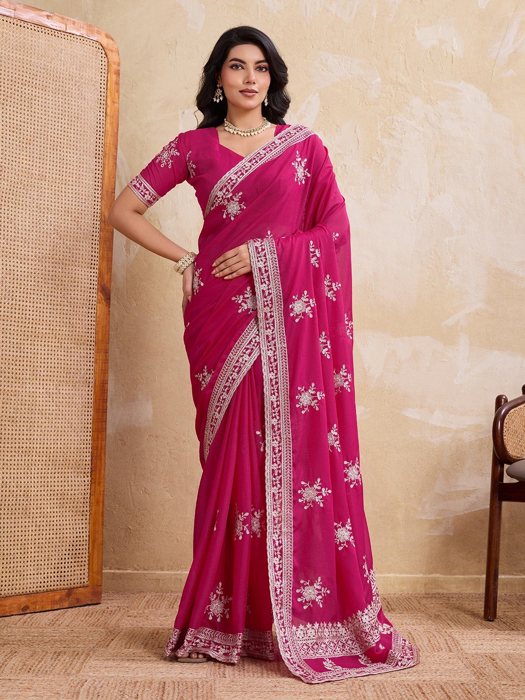 Glam Pallu Rani Color Star Gerogette Embroidery Work Saree