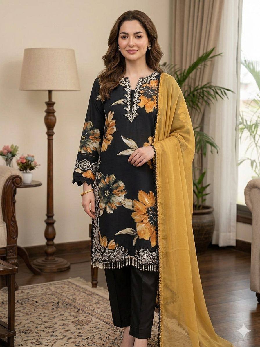 Black Mustard Floral Muslin Suit Set
