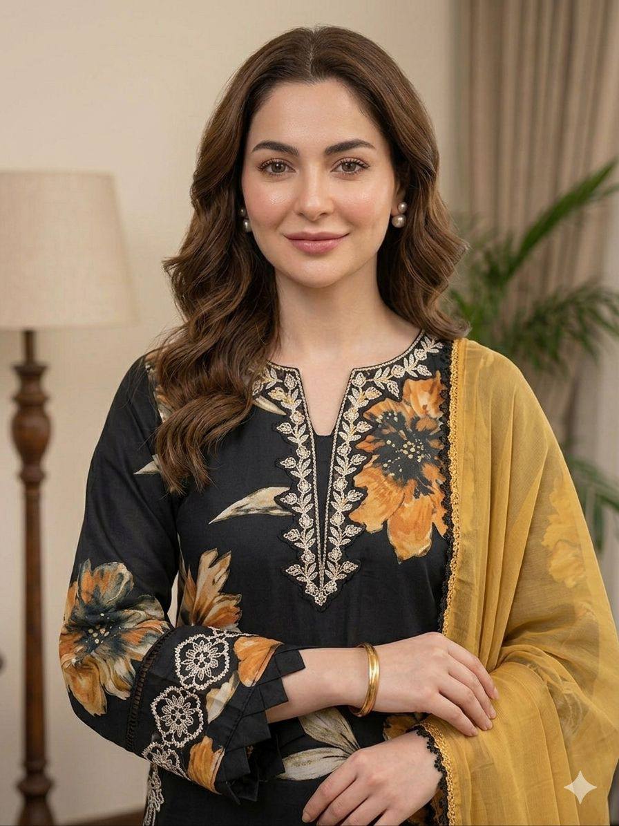 Black Mustard Floral Muslin Suit Set