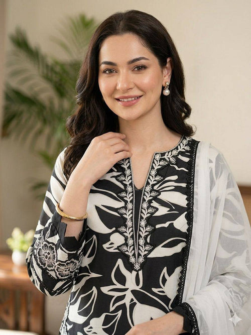 Black White Floral Designer Palazzo Suit Set