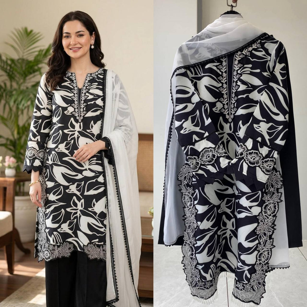 Black White Floral Designer Palazzo Suit Set