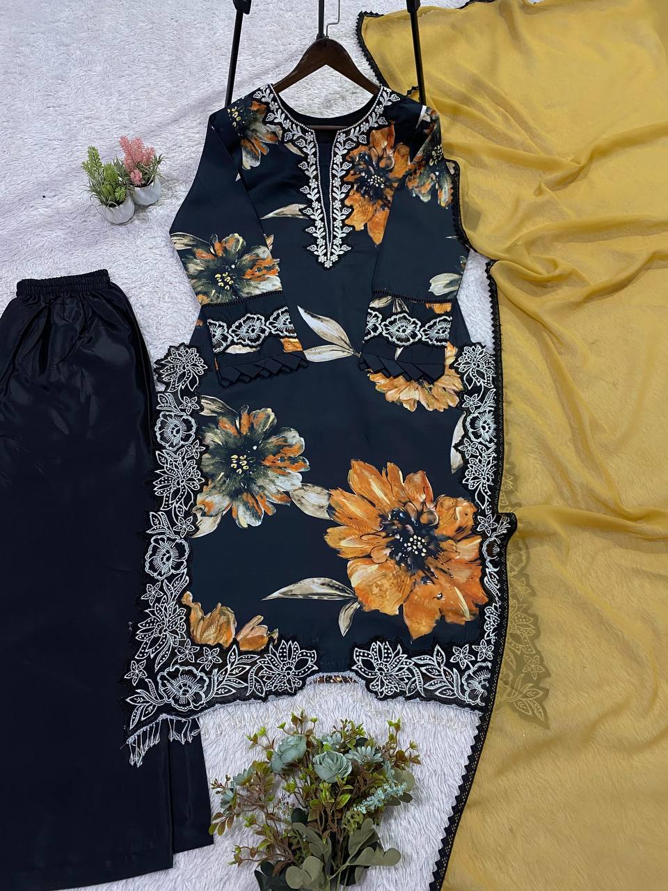 Black Mustard Floral Muslin Suit Set