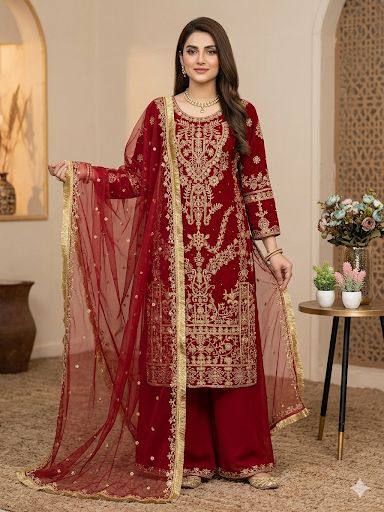 Maroon Georgette Diamond Embroidery Sharara Suit Set