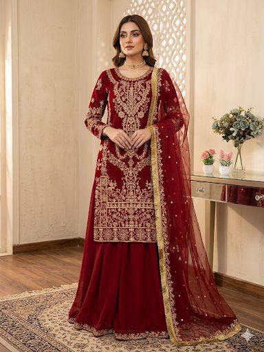 Maroon Georgette Diamond Embroidery Sharara Suit Set