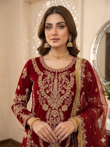 Maroon Georgette Diamond Embroidery Sharara Suit Set