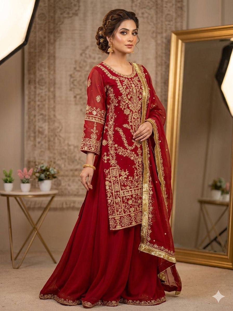 Maroon Georgette Diamond Embroidery Sharara Suit Set