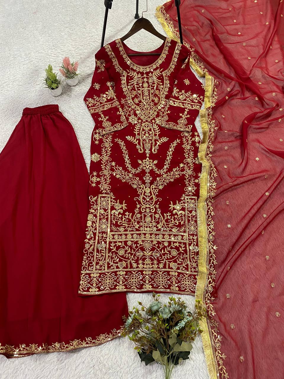 Maroon Georgette Diamond Embroidery Sharara Suit Set
