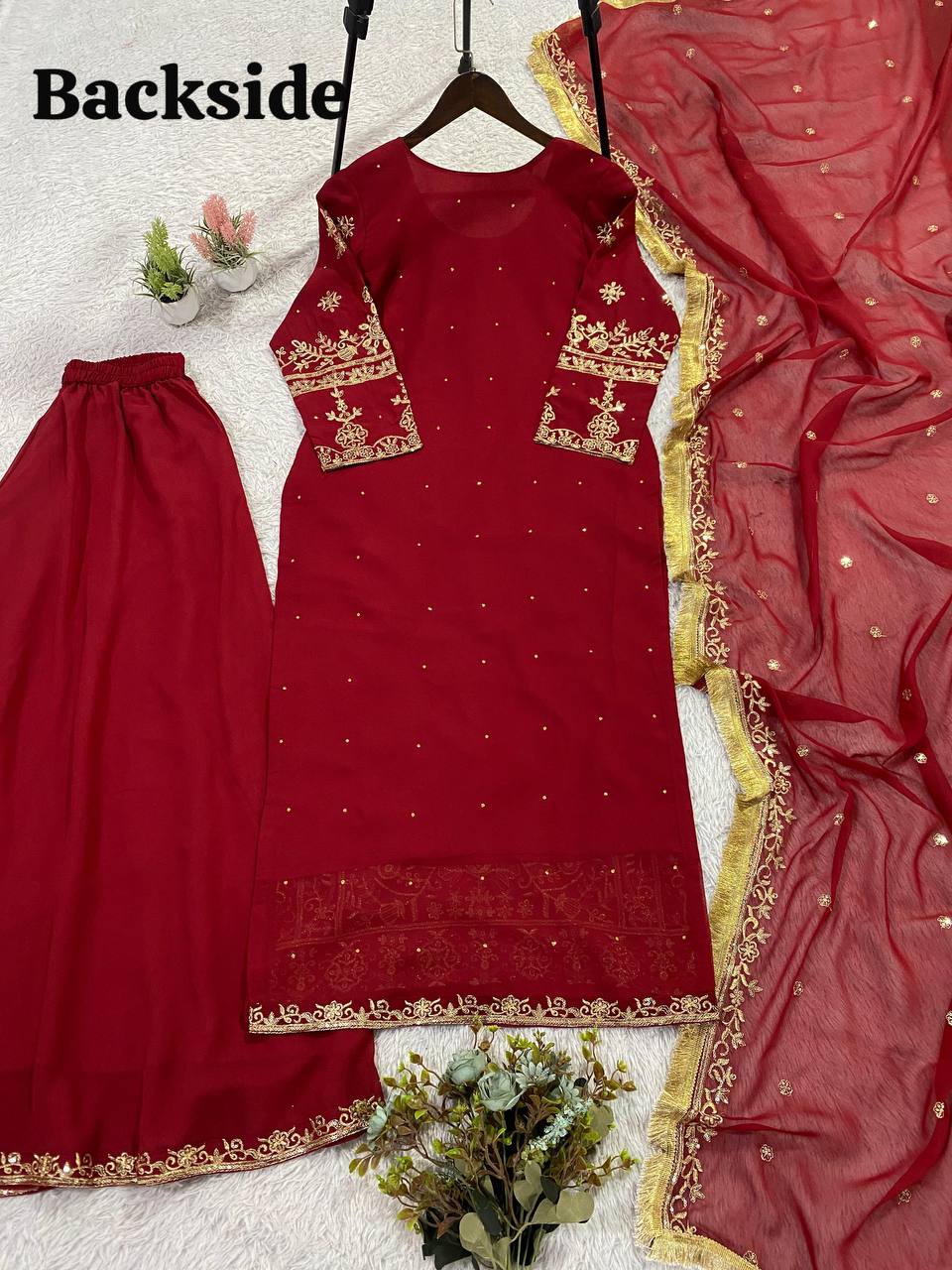 Maroon Georgette Diamond Embroidery Sharara Suit Set