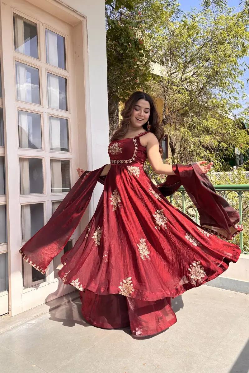 Vogueza Meroon Color Fendy Silk Three Piece Anarkali Suit Set