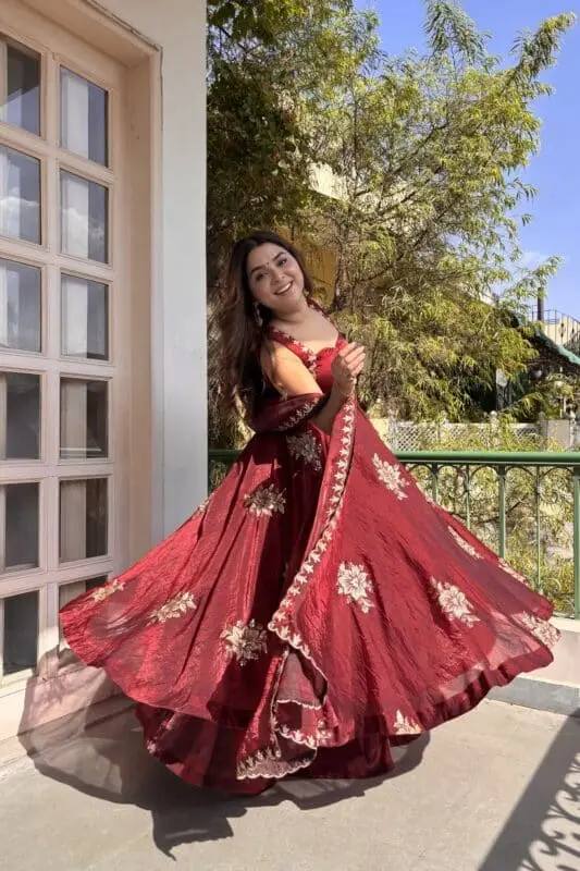 Vogueza Meroon Color Fendy Silk Three Piece Anarkali Suit Set