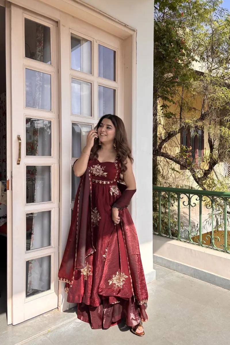 Vogueza Meroon Color Fendy Silk Three Piece Anarkali Suit Set