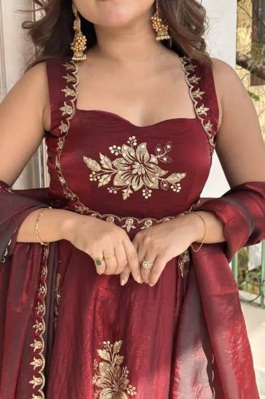 Vogueza Meroon Color Fendy Silk Three Piece Anarkali Suit Set