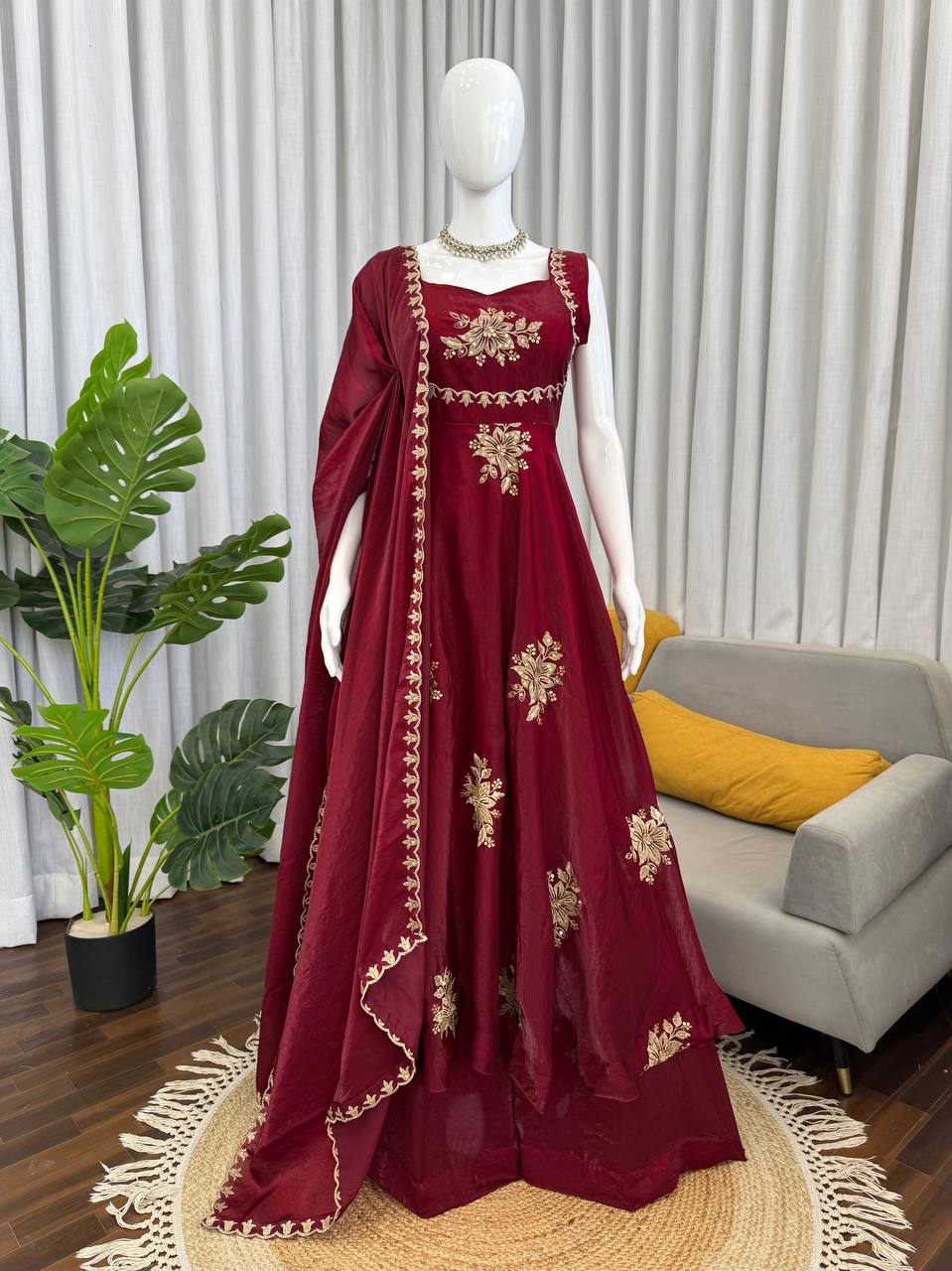 Vogueza Meroon Color Fendy Silk Three Piece Anarkali Suit Set