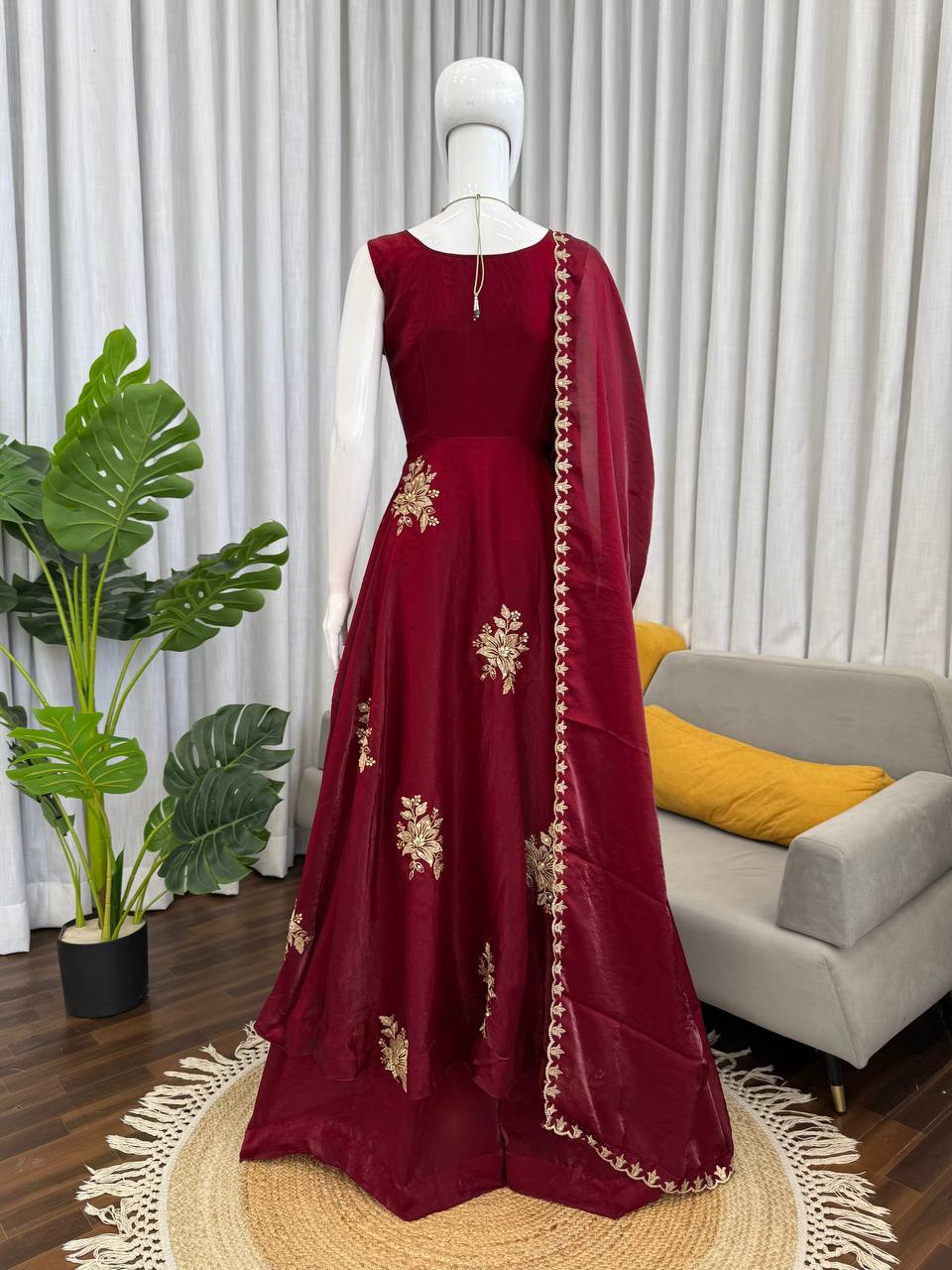 Vogueza Meroon Color Fendy Silk Three Piece Anarkali Suit Set