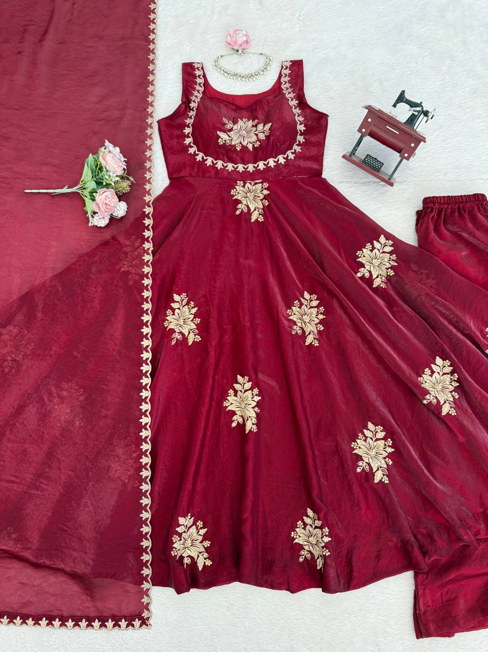 Vogueza Meroon Color Fendy Silk Three Piece Anarkali Suit Set