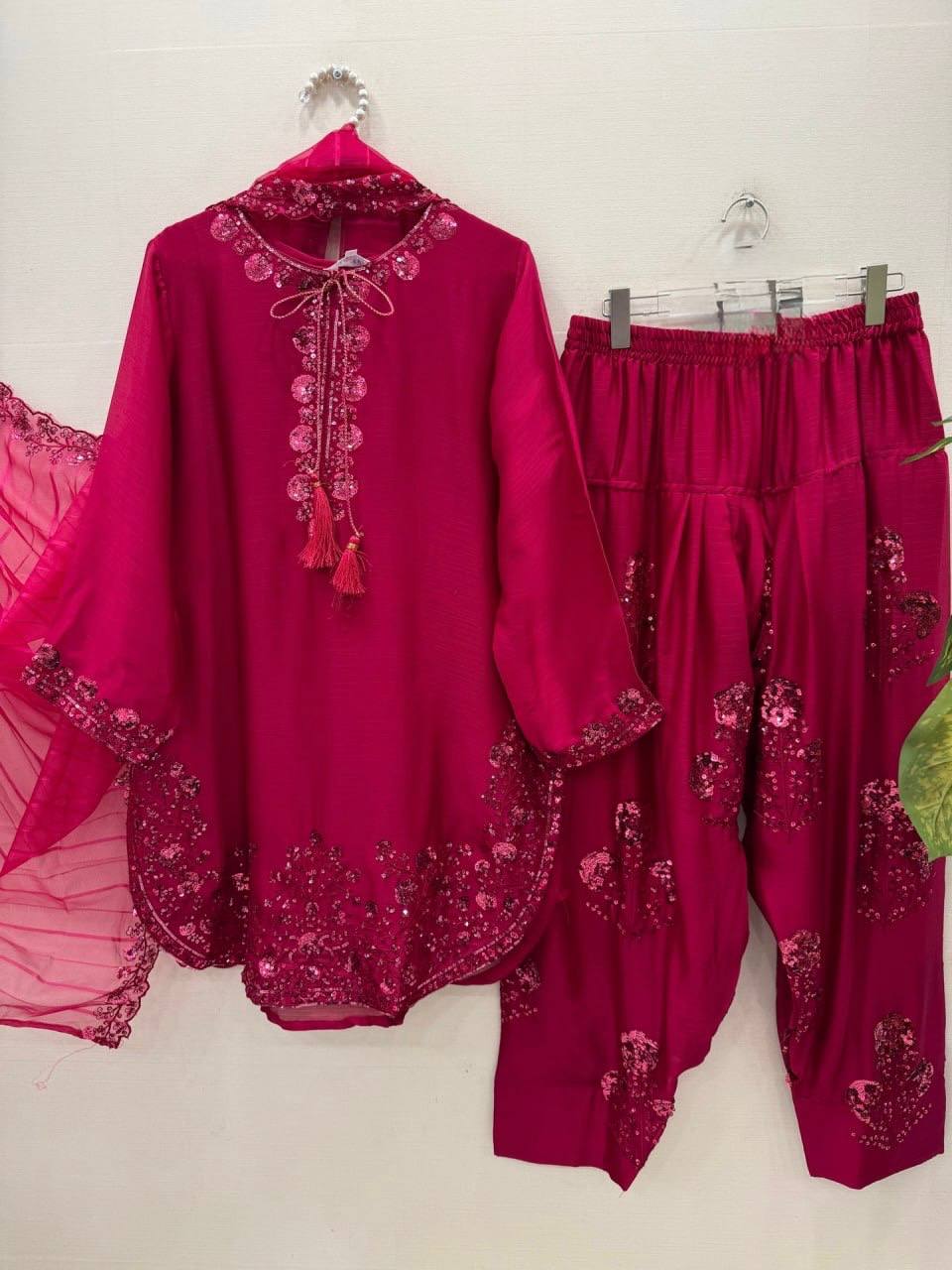 Cherry Chic Red Color Farshi Plazo With Suit Set