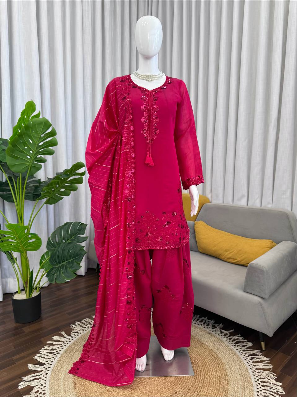 Cherry Chic Red Color Farshi Plazo With Suit Set