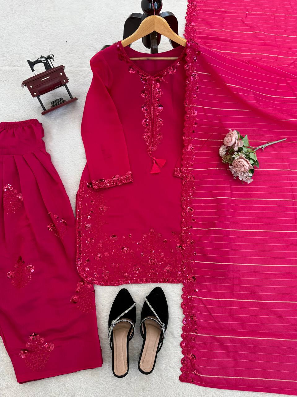 Cherry Chic Red Color Farshi Plazo With Suit Set