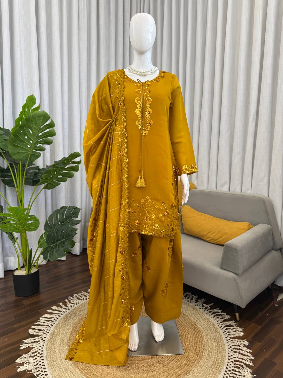 Golden Hour Fit Musted Yellow Farshi Plazzo Suit With Dupatta Set