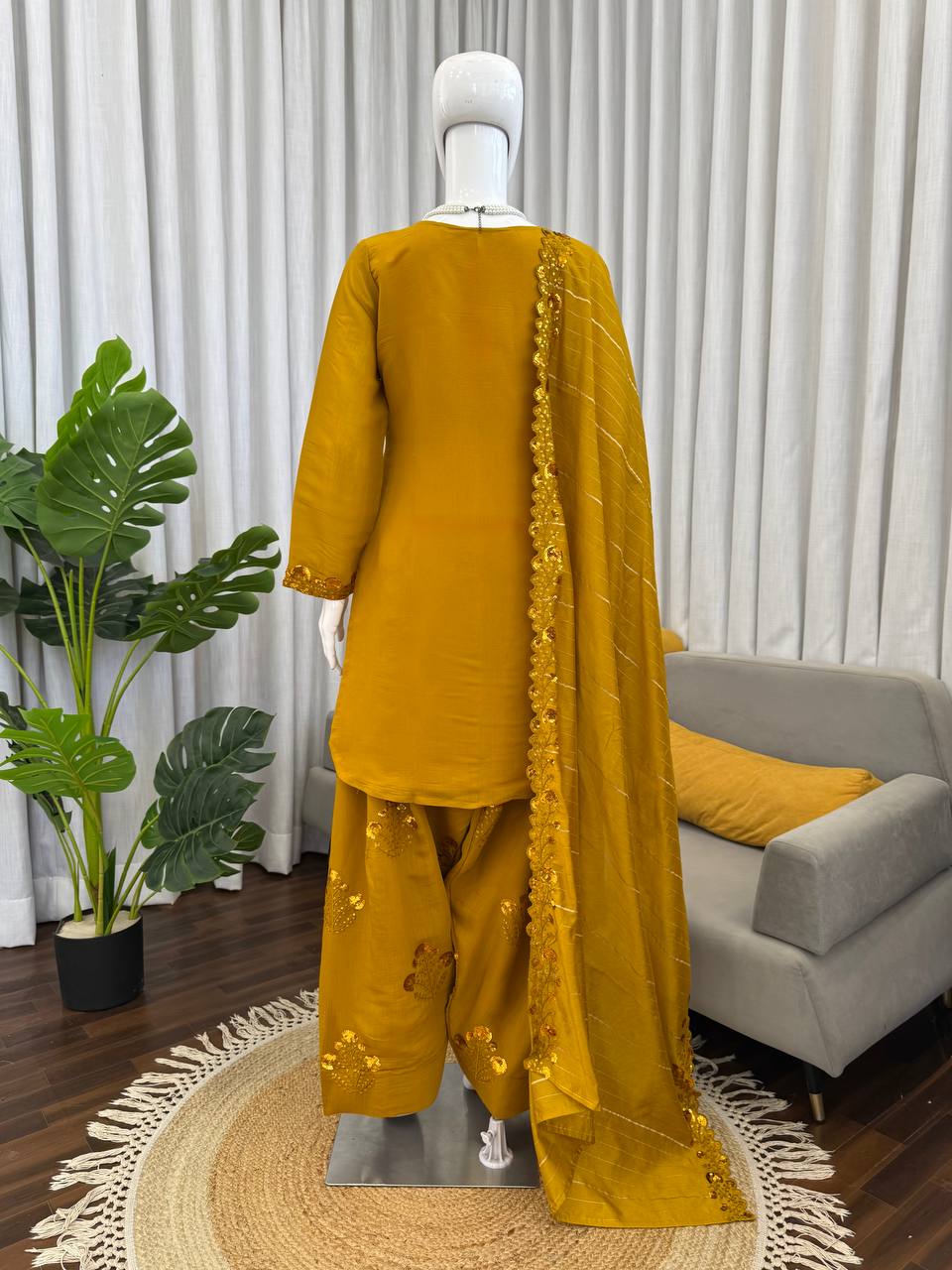 Golden Hour Fit Musted Yellow Farshi Plazzo Suit With Dupatta Set