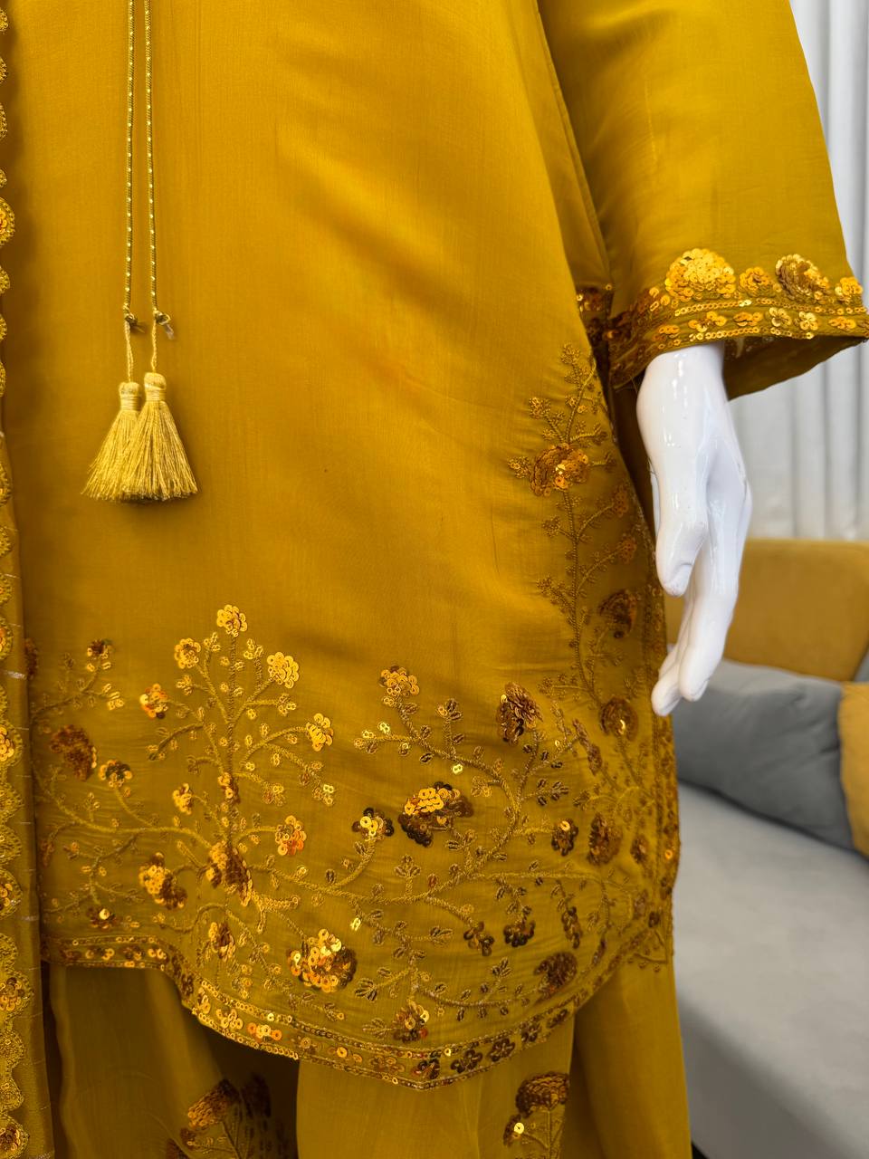 Golden Hour Fit Musted Yellow Farshi Plazzo Suit With Dupatta Set