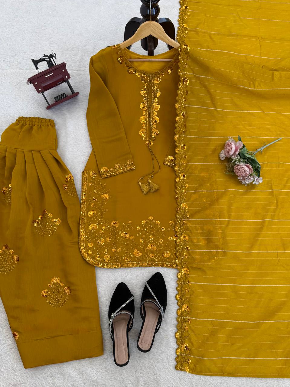 Golden Hour Fit Musted Yellow Farshi Plazzo Suit With Dupatta Set