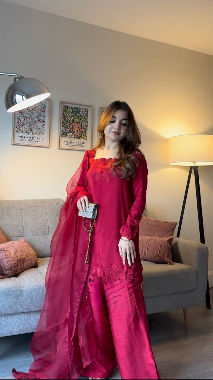 Desi Glow Rani Color Roman Silk Kurta Set