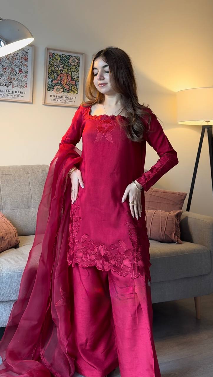 Desi Glow Rani Color Roman Silk Kurta Set