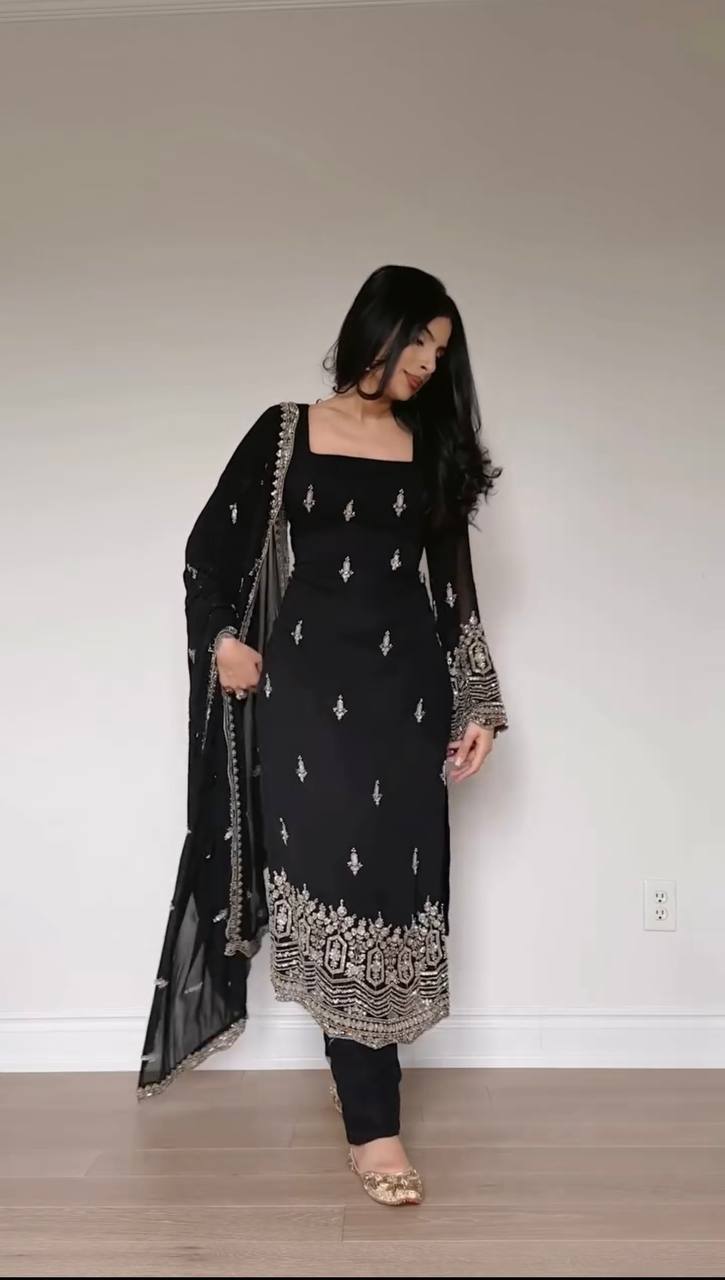Ethnic Black Color Gorgette Sequnce Work Kurta Set