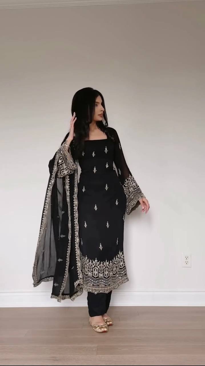 Ethnic Black Color Gorgette Sequnce Work Kurta Set