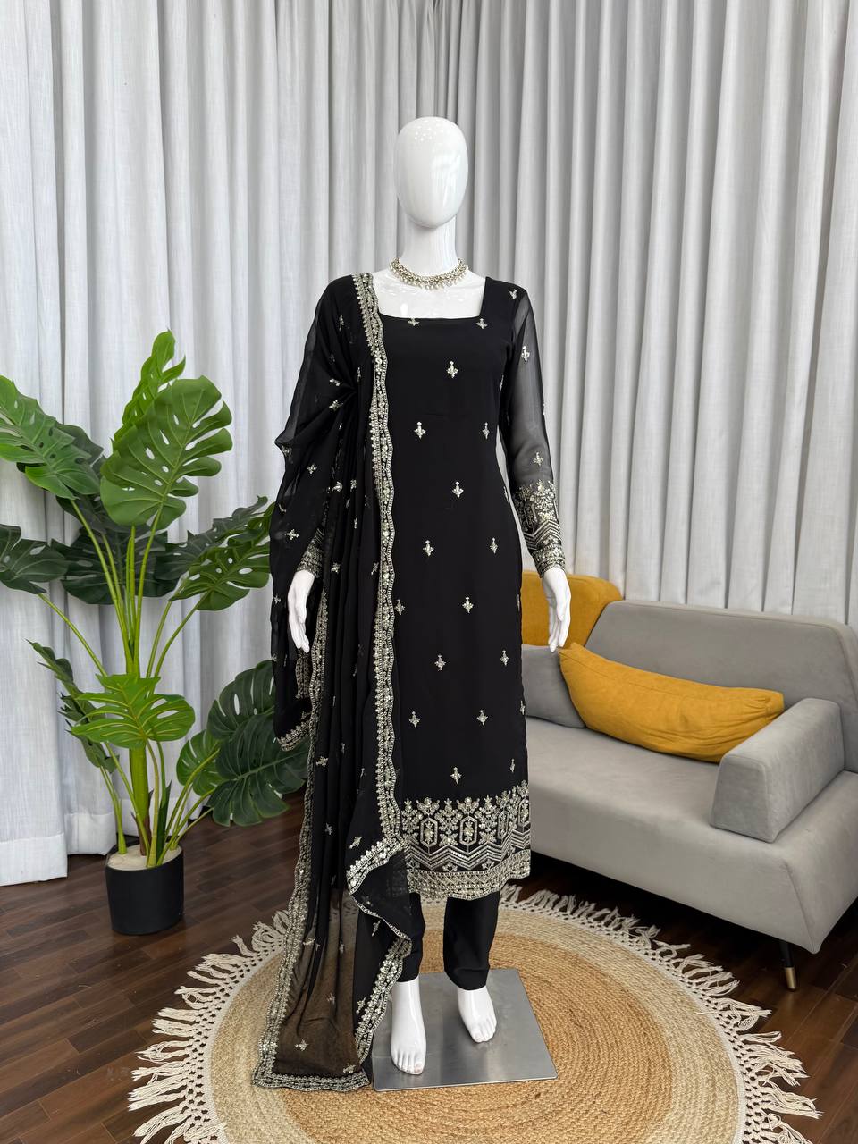 Ethnic Black Color Gorgette Sequnce Work Kurta Set