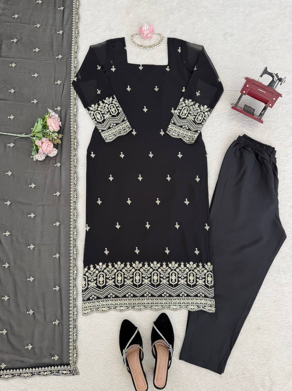 Ethnic Black Color Gorgette Sequnce Work Kurta Set