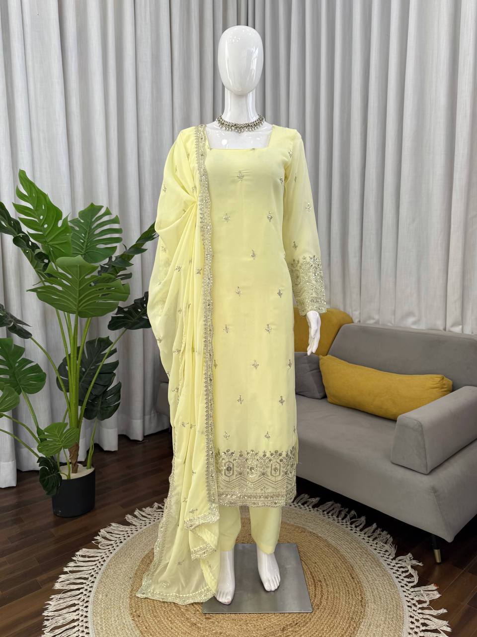 Noir Style Yellow Color Thread with sequnce Work Kurta Set