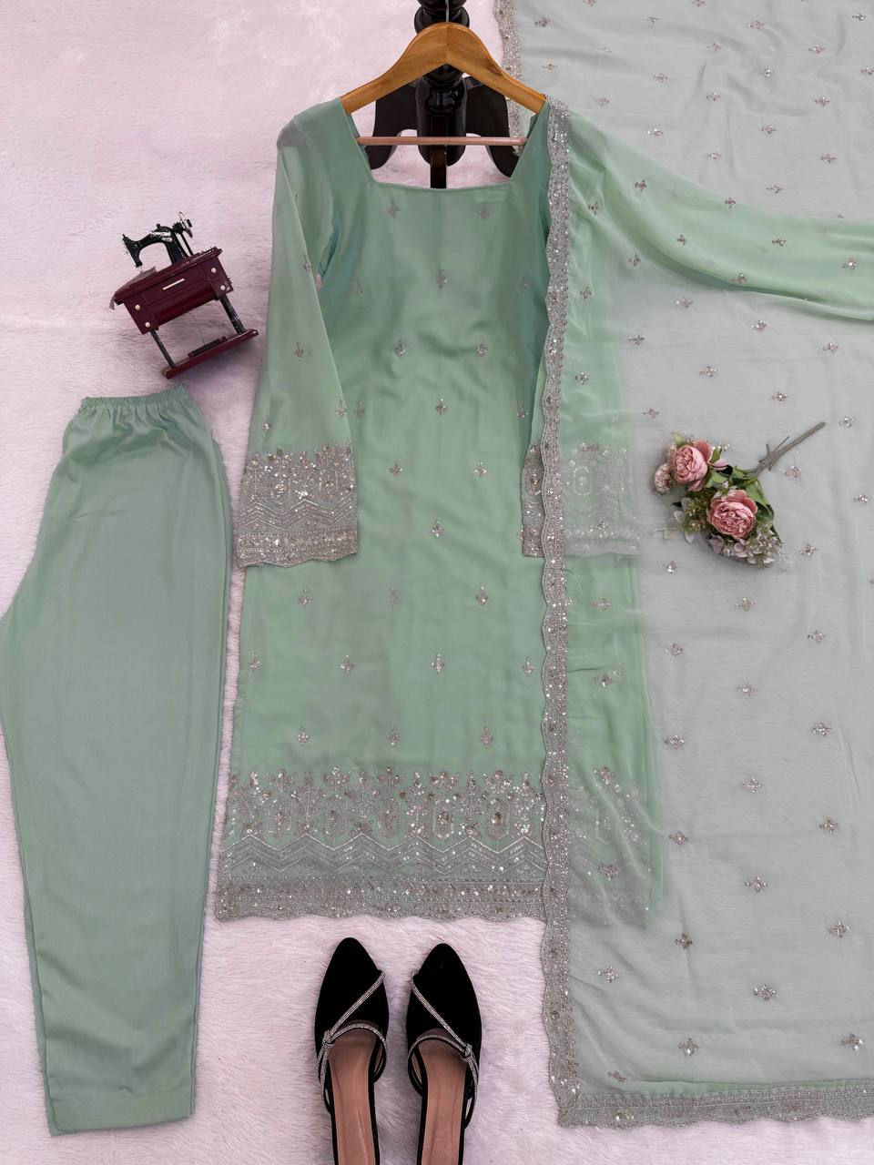 Diamond Era Pista Color Gorgette Sequnce Work Kurta Set