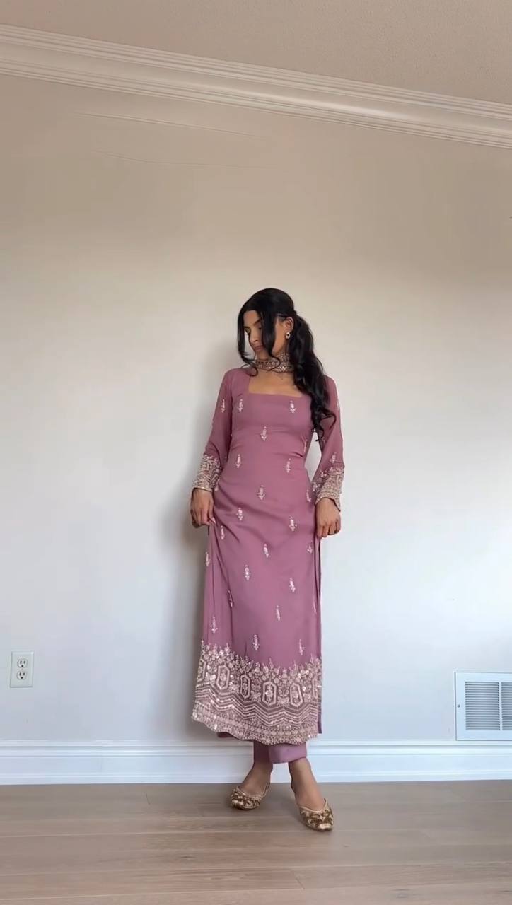 Korean Style Onion Color Gorgette Kurta Set With Dupatta