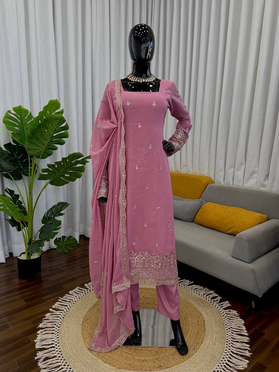 Korean Style Onion Color Gorgette Kurta Set With Dupatta