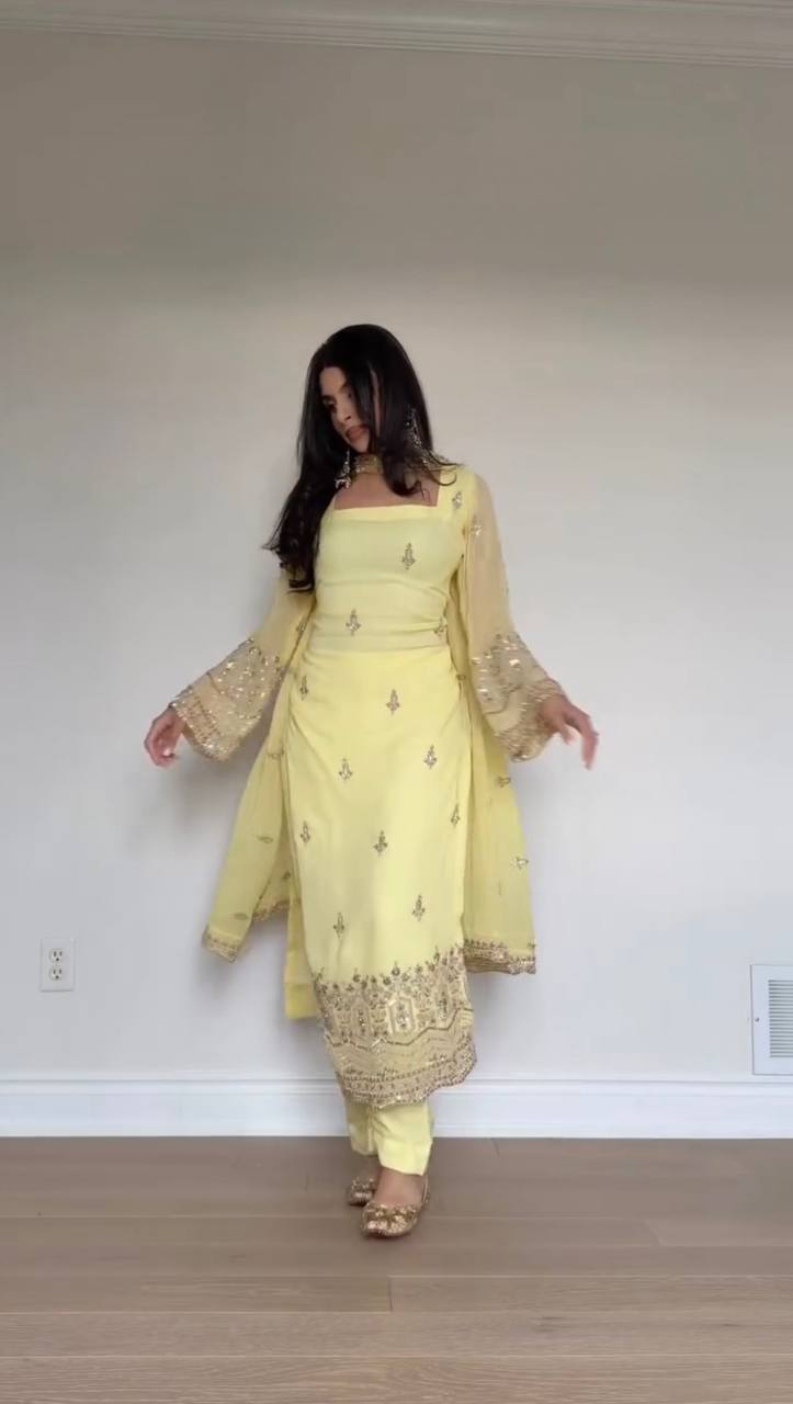 Noir Style Yellow Color Thread with sequnce Work Kurta Set